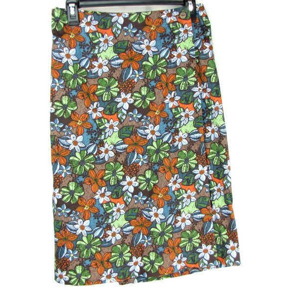 SALE! Floral Wrap Orange Green Midi Knee Skirt - Picture 2 of 3